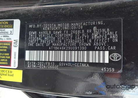 2009 Toyota Camry Le V6 из США, поврежденный, VIN 4T1BK46K29U091390